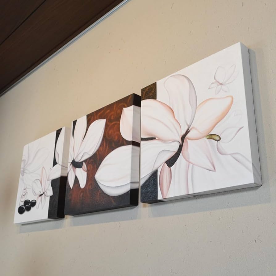 バリ絵画　3点セット　アートパネル　絵画　インテリア　壁掛け Amazon.co.jp: バリ 絵画 3枚セット 花の絵 3連 インテリア 花